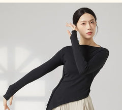 Long-Sleeve Boat Neck Plain Thumbhole Asymmetrical Dance Top / Elbow-Sleeve Dance Top