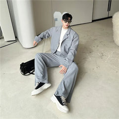 Set: Lapel Collar Plain Single Breasted Blazer + Mid Rise Plain Wide Leg Pants