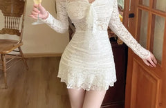 Long-Sleeve Cold-Shoulder Floral Bow Lace Mini Bodycon Dress