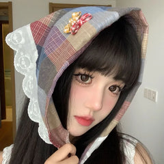 Plaid Lace Trim Headkerchief