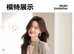V-Neck Plain Single Button Blazer / Mid Rise Plain Wide Leg Dress Pants / Set