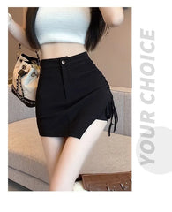 High Waist Plain Asymmetrical Drawstring Skort