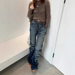 Mid Waist Washed Ripped Bootcut Jeans