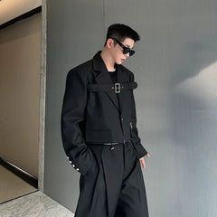 Set: Notch Lapel Plain Cropped Single-Button Blazer + Mid Rise Inverted Pleated Wide Leg Pants