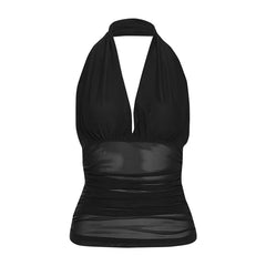 Halter V-Neck Plain Sheer Open-Back Slim-Fit Crop Tank Top