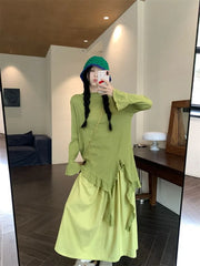 Long-Sleeve Mock Neck Plain Asymmetrical Ruffle Trim Oversized T-Shirt / High Rise Maxi A-Line Skirt
