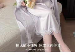 Spaghetti Strap V-Neck Plain Panel Lace Nightdress / Robe / Set