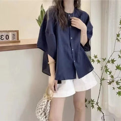 Linen 3/4 Sleeve Round Neck Loose Blouse