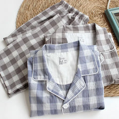 Couple Matching Pajama Set: Long Sleeve Collared Plaid Shirt + Elastic Waist Straight Leg Pants (Various Designs)