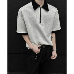 Elbow-Sleeve Contrast Trim Half-Zip Polo Shirt