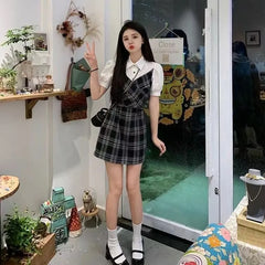 Puff-Sleeve Collar Plaid Mock Two-Piece Mini Sheath Dress