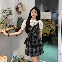 Puff-Sleeve Collar Plaid Mock Two-Piece Mini Sheath Dress