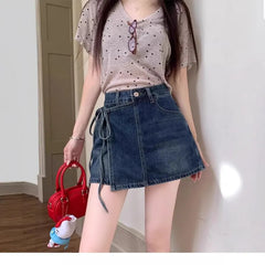 High Waist Asymmetrical Washed Denim Mini A-Line Skort