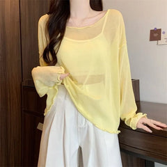 Long-Sleeve Boat Neck Plain Lettuce Edge Sheer T-Shirt