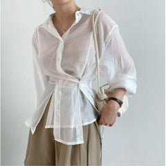 Long-Sleeve Plain Asymmetrical Sashed Shirt