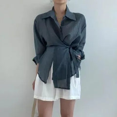 Long-Sleeve Plain Asymmetrical Sashed Shirt