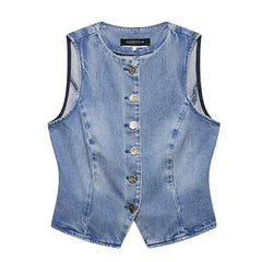 Round Neck Washed Button Denim Vest / High Waist Wide Leg Jeans