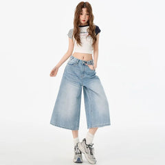 High Waist Washed Wide Leg Jorts