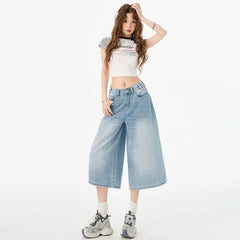 High Waist Washed Wide Leg Jorts
