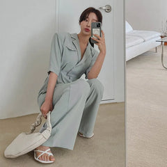 Elbow-Sleeve Lapel Collar Plain Wide Leg Jumpsuit