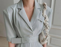 Elbow-Sleeve Lapel Collar Plain Wide Leg Jumpsuit