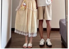 Couple Matching Spaghetti Strap Dotted Lace Panel Midi A-Line Dress / Plain Perforated Crop Cardigan / Elbow-Sleeve Crew Neck Panel T-Shirt / Drawstring Waist Wide Leg Shorts / Set