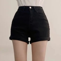 High Waist Washed Roll Up Hem Denim Hot Pants