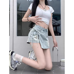 Mid Waist Washed Tie Side Mini Denim Skort