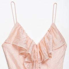 Spaghetti Strap V-Neck Plain Ruffle Trim Open Back Maxi Mermaid Dress