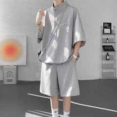 Set: Elbow-Sleeve Henley Plain Oversized T-Shirt + Mid Rise Plain Shorts