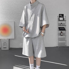 Set: Elbow-Sleeve Henley Plain Oversized T-Shirt + Mid Rise Plain Shorts