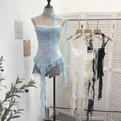 Set: Asymmetrical Ruffle Trim Lace Slim Fit Camisole Top + Thin Scarf