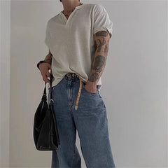 Short-Sleeve Henley Plain Ribbed T-Shirt