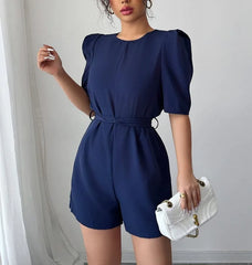 Puff Sleeve Plain Tie-Waist Playsuit