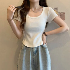 Short Sleeve Scoop Neck Plain Panel Tee