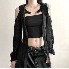 Long-Sleeve Cold-Shoulder Plain Asymmetrical Distressed Hooded Shrug