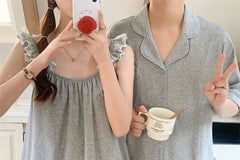 Couple Matching Short-Sleeve Lapel Collar Contrast Trim Button Pajama Top / Lace Trim Tank Top / Lounge Shorts / Set (Various Designs)