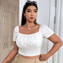 Plus Size Short Sleeve Square-Neck Plain Ruched Slim-Fit Crop Top