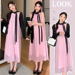 Maternity Sleeveless Tie-Neck Two Tone Midi A-Line Dress / Bolero Cardigan