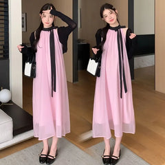 Maternity Sleeveless Tie-Neck Two Tone Midi A-Line Dress / Bolero Cardigan