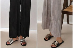Set: Short-Sleeve V-Neck Pleated Top + Elastic Waist Pleated Pants