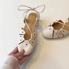 Studded Faux Leather Tie Back Flats