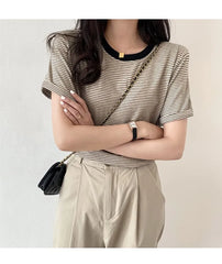 Short-Sleeve Round Neck Striped Contrast Trim Tee