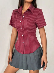 Short Sleeve Collared Stripe Slim-Fit Shirt