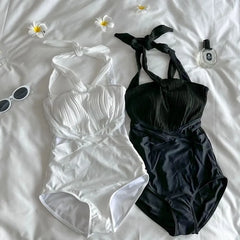 Halter Neck Plain Ruched Swimsuit