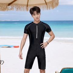 Short-Sleeve Half Zip Plain Swimsuit