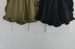 High Waist Plain Ruffled-Trim Wide-Leg Shorts