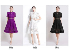 Short Sleeve Mock Neck Plain Crochet Lace Midi A-Line Dress