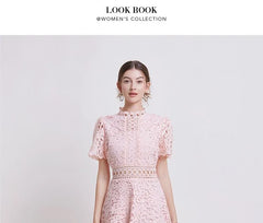 Short Sleeve Mock Neck Plain Crochet Lace Midi A-Line Dress