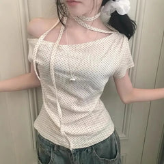 Short-Sleeve Halter Neck Off-Shoulder Dotted Slim Fit Crop Tee